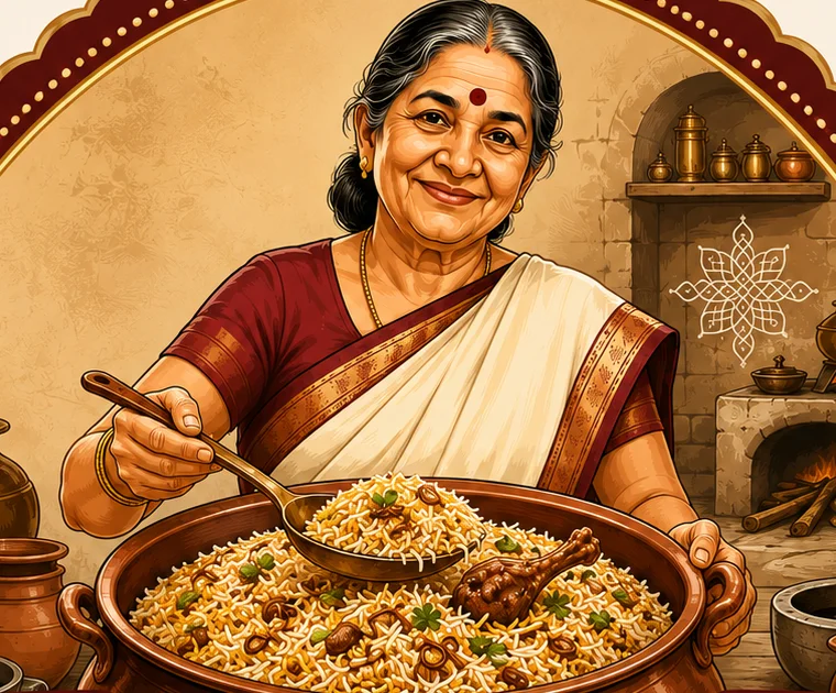 Illustration of Anasuyamma in a maroon and cream saree, serving biryani from a copper handi