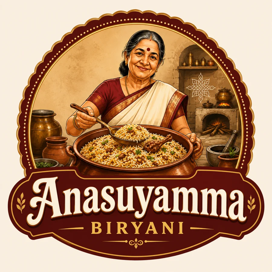 Anasuyamma Biryani logo: Anasuyamma serving biryani from a copper handi in a traditional kitchen