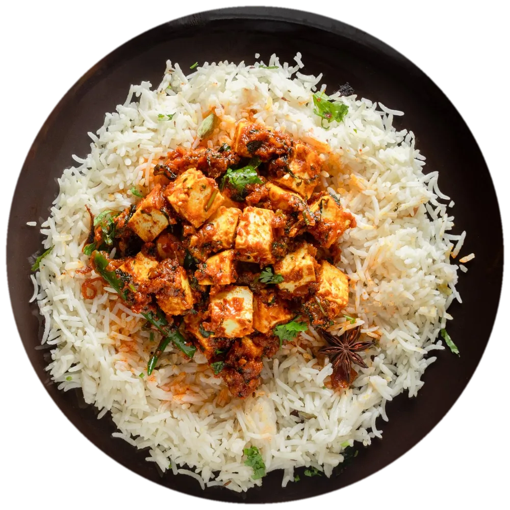 Bagara rice with paneer curry, top view